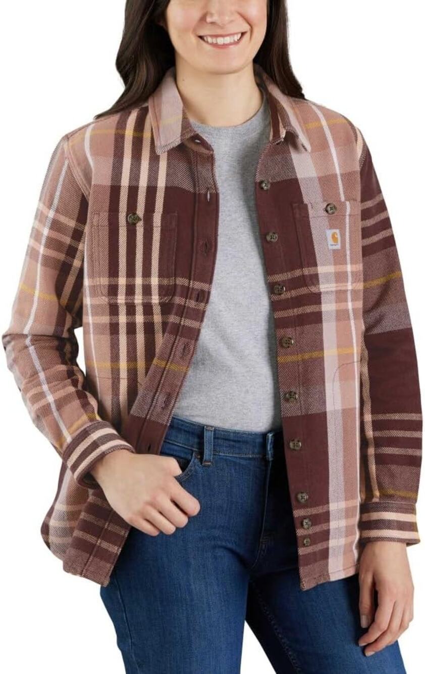 Carhartt Loose Fit Heavyweight Twill Long Sleeve Plaid Shirt Blackberry Size S